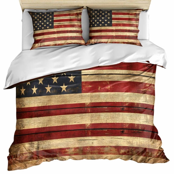 American Flag Bedding 3 Piece Duvet Cover Set Twin Size, Retro USA Flag Blue Red Vintage Wooden Soft Microfiber Comforter Cover with Zipper Closure & Pillowcases, Wrinkle & FadeResistant Quilt Cover