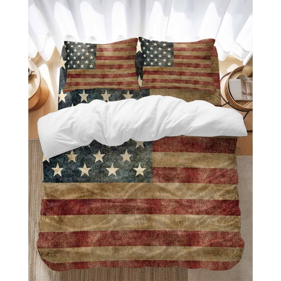 American Flag Bedding Duvet Cover Set Full Size 4 Pieces Vintage Flag Pentagram Red Brown Stripe Bedding Set with Zipper Closure, 1 Comforter Cover 86x86 Inches 1 Flat Sheet & 2 Pillow Cases