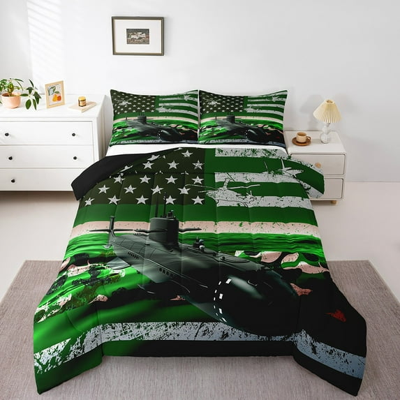 American Flag Bedding Queen, Retro Camo Aircraft Comforter Set Vintage Retro Stars And Stripes Bedding Sets, Airplane Army Force Theme Duvet Set With 2 Pillow Cases, Green