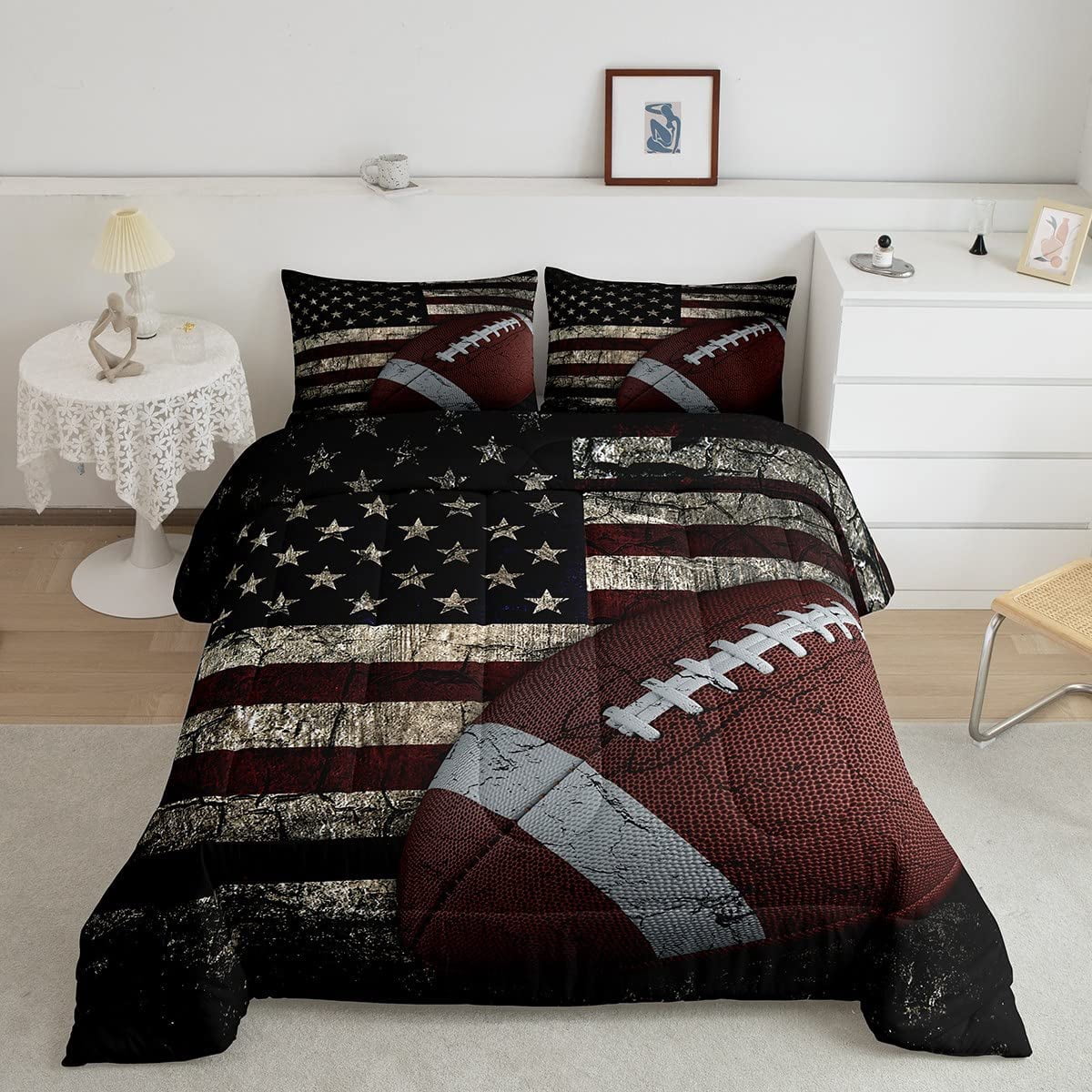 American Flag Bedding Set, Boys Football Comforter Set Full Soccer
