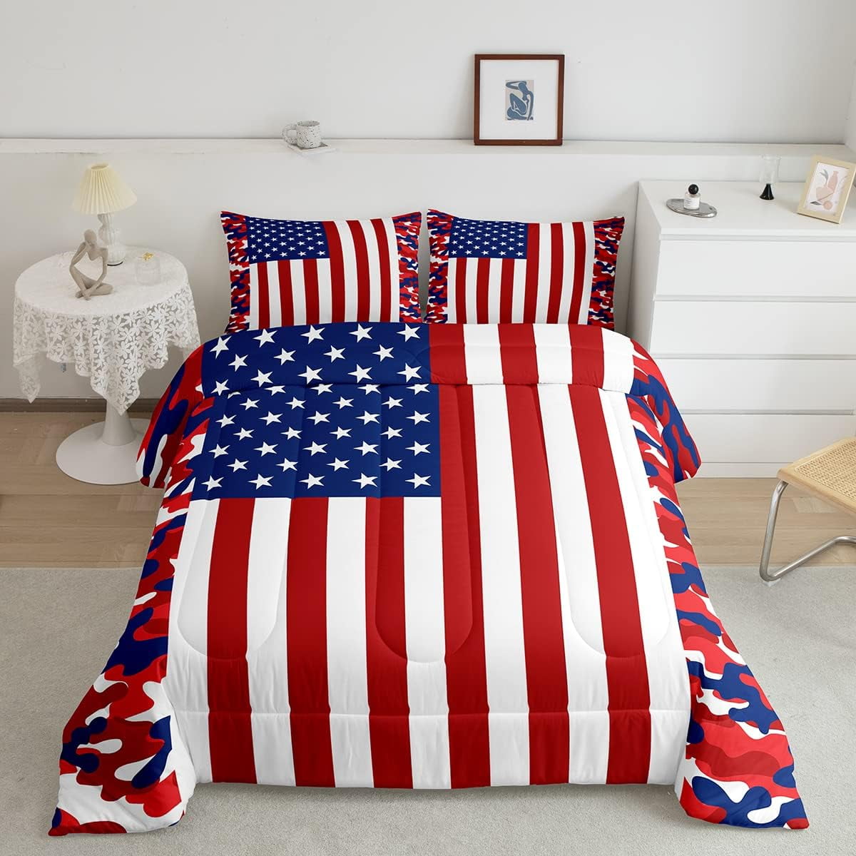 American Flag Bedding Set Full Size Red Camouflage Comforter Set for