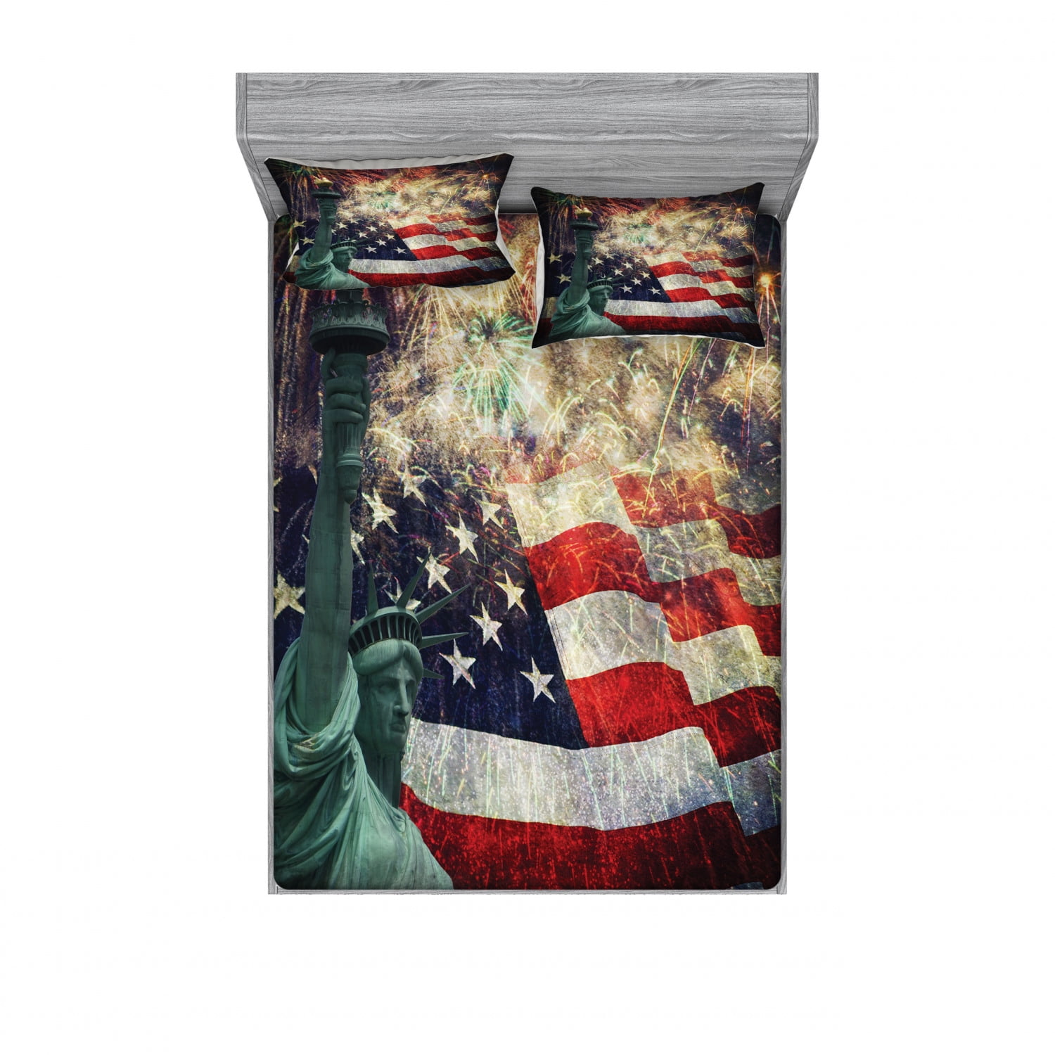 Queen Size American Flag Microfiber Bedding Set with Fireworks Print