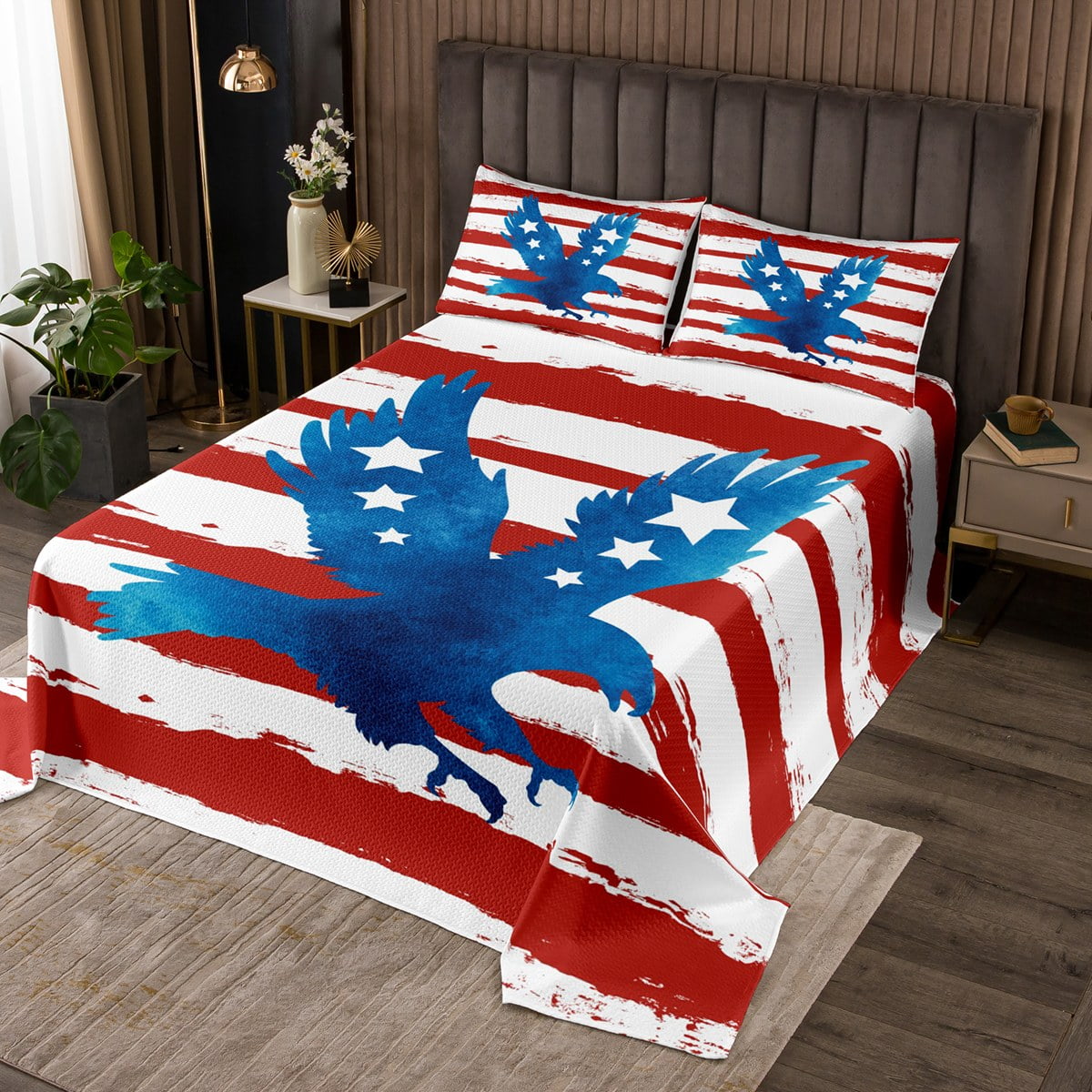 American Flag Bedspread Set King Size, Eagle Bird Animal Coverlet Set