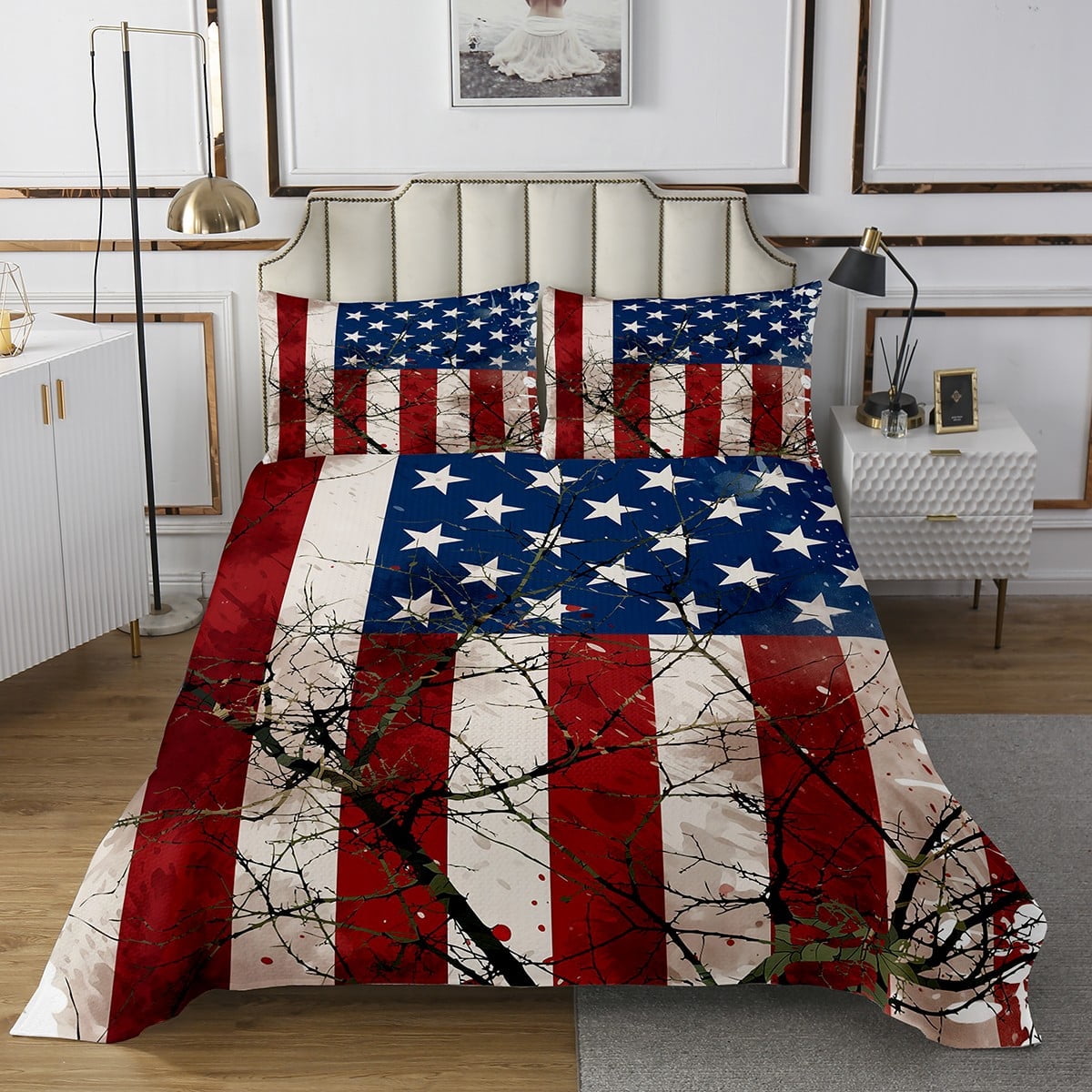 American Flag Bedspread Set Stars and Stripes Queen Quilt Set, Wooden Branches Rustic Decor Bed Set Retro Grunge USA Flag Coverlet Set for Teens Youth Bedroom,1 Bedspread 2 Pillowcases