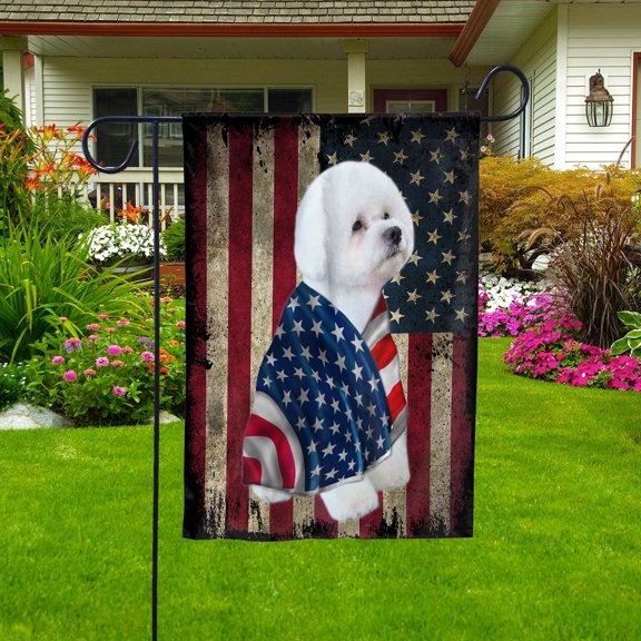 Bichon Frise Dog Christian Faith Cross 4th of July Patriotic House Flag, Double-Sided Outdoor Yard Decor 29.5 x 39.5 Inch