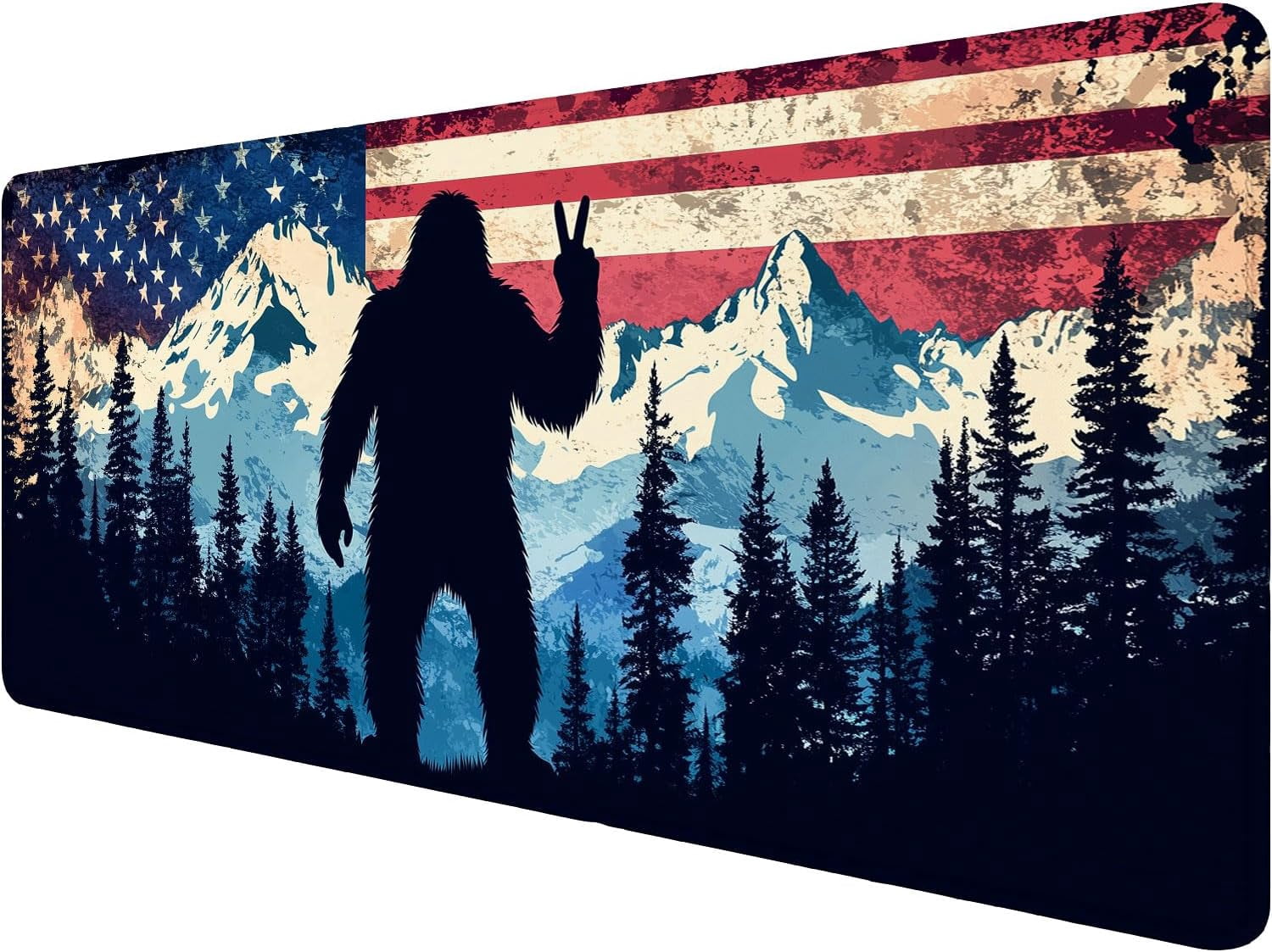 American Flag Bigfoot Desk Mat Forest Mountain Extended Gaming Mouse Pad Mat with Stitched Edge Non-Slip Base Big Mouse Pad Office Computer Keyboard Laptop Home 35.4"x15.7"