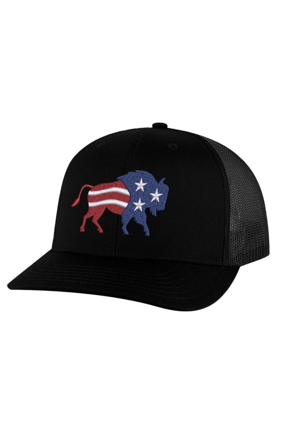 American Bison Hat - Embroidered Flag Design - Patriotic Bison Trucker Hat Snapback (Black)