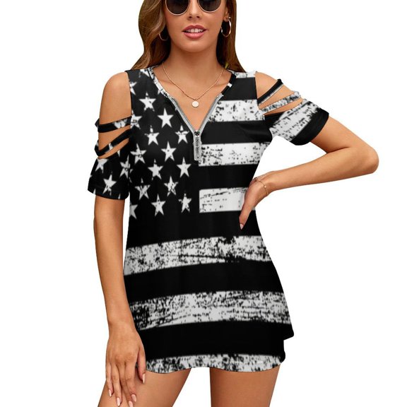 American Flag Black And White Womens Summer V Neck Zipper Top Short Sleeve T Shirt Off Shoulder Top Casual Classy Loose Shirts