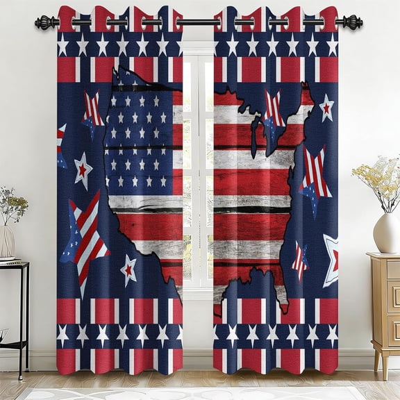 American Flag Blackout Curtains, 2 Panels, 42" W x 63" L, Patriotic USA Map Window Drapes for Bedroom, Rustic Wood Stars and Stripes Room Darkening Grommet Window Treatments, Grommet Top