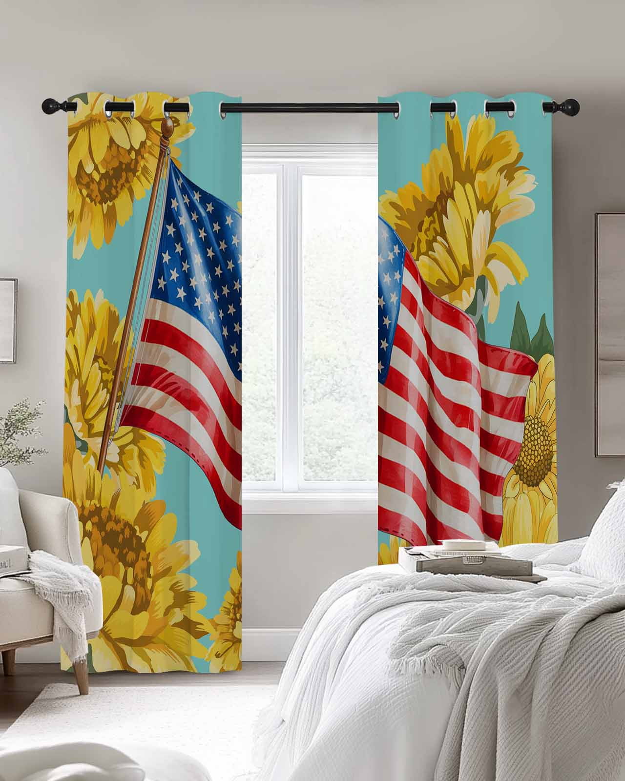American Flag Blackout Curtains 2 Panels Vintage Yellow Dasiy Flowers ...