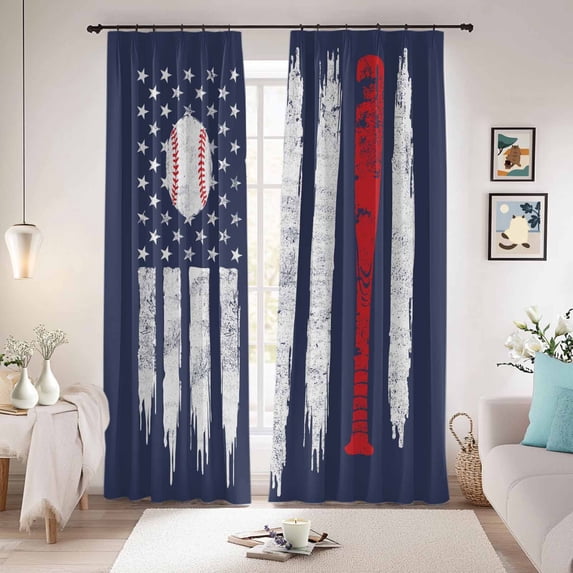 American Flag Blackout Curtains for Bedroom/Living Room, Pinch Pleated Black Out Curtains, US Flag Baseball Stars Navy Blue Room Darkening Window Drapes with Hooks 2 Panels, 39"x70"