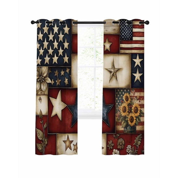 American Flag Blackout Curtains, Light Blocking Print Window Curtains, Texas Star Farmhouse Sunflowers Blue Red Thermal Insulated Window Drapes for Living Room Kitchen Cafe 2 Panels, 84"W x 84"L