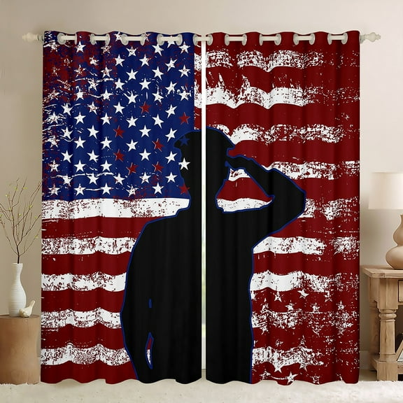 American Flag Blackout Curtains Soldier Salute for Usa Flag Curtains,Army Gift Military Curtains Veteran Vintage Stars and Stripes Blackout Curtains Soldier Silhouette Window Curtains 42''Wx84''L