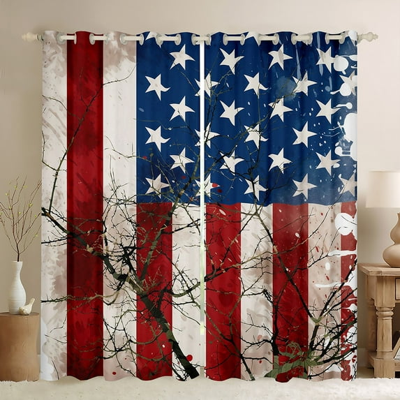 American Flag Blackout Curtains Stars And Stripes Curtains For Bedroom, Wooden Branches Rustic Decor Window Curtains Retro Grunge Usa Flag Curtains & Drapes 42''Wx90''L For Teens