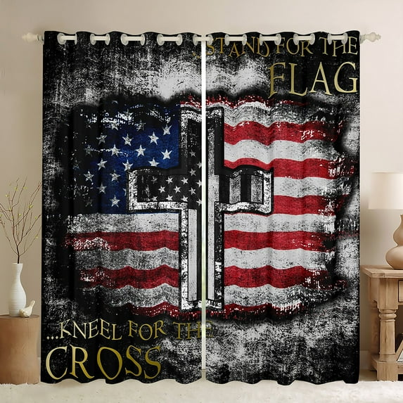 American Flag Blackout Curtains For Teen Camo Black White Usa Flag Curtains For Bedroom, The Cross Theme Curtains & Drapes Religious Patriotic Style Window Curtains 52''Wx84''L