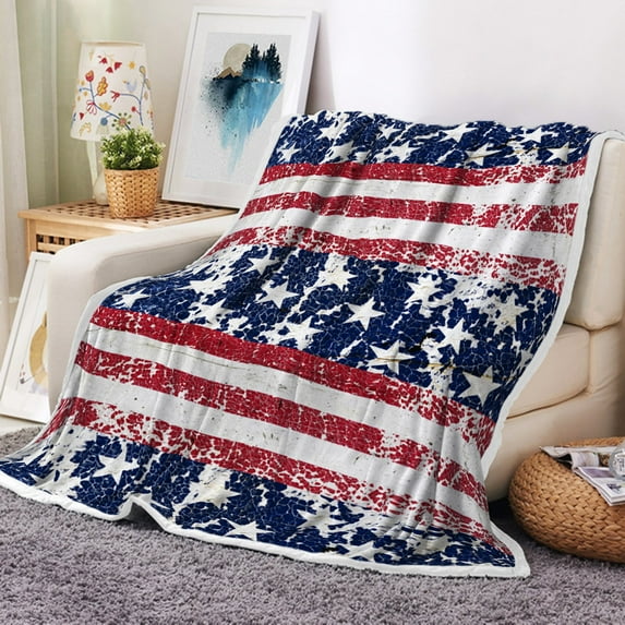 American Flag Blanket, Flannel Sherpa Throw Blankets, Fuzzy Reversible Blanket for Home Decor with Blue Red Design,Patriotic Throw Blanket for Couch