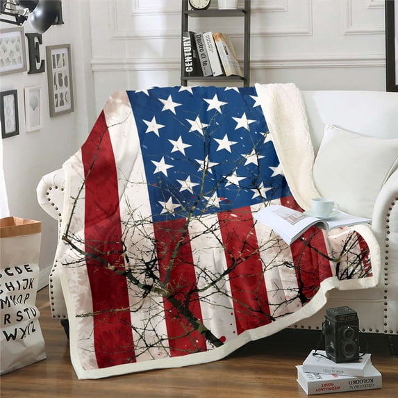 American Flag Blanket Gifts for Teens Youth Bedroom, Stars and Stripes 40"X50" Fleece Blanket, Wooden Branches Rustic Decor Sherpa Blanket Retro Grunge USA Flag Fuzzy Blanket for Sofa Couch