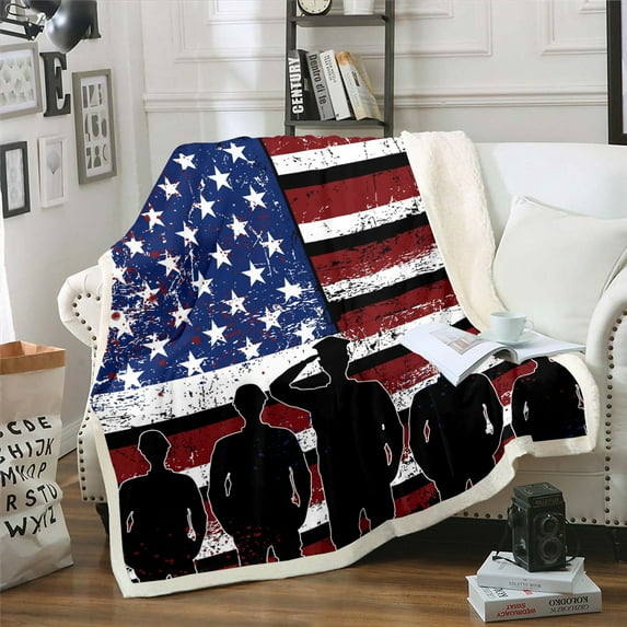 American Flag Blanket Soldier Silhouettes Fleece Blanket for Veteran'S Day,Vintage White Blue Red Stars and Stripes Fuzzy Blanket Military Army Style Flannel Blanket for Soldiers Gift,Queen