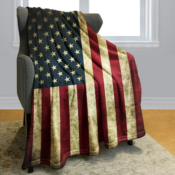 American Flag Blanket with Soldiers, Shaggy Stripes Throw Blanket for TV Travel Household (50x60 Inches)