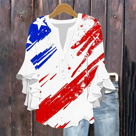 American Flag Blouse Women Red White and Blue Shirt Women Womens American Flag Shirts American Flag Tee Women Ladies New Lace 3/4 Sleeve V-Neck Button Independence Day Printed Tops