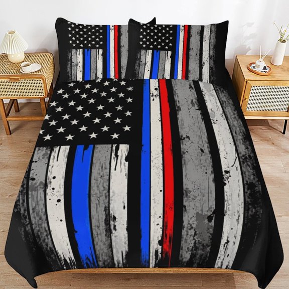 American Flag Blue Line Design Duvet Cover 3pcs Set Themed Multicolor Polyester Bedding Set for Bedroom Decoration King