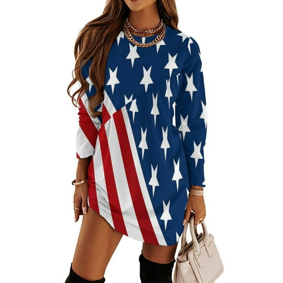 American Flag Blue Red White Loose Dress Evening Dress Summer Dresses for Women Luxury Dress Long Sleeved Dress