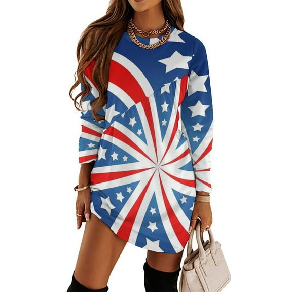 American Flag Blue Red White Loose Dress Evening Dress Summer Dresses for Women Luxury Dress Long Sleeved Dress