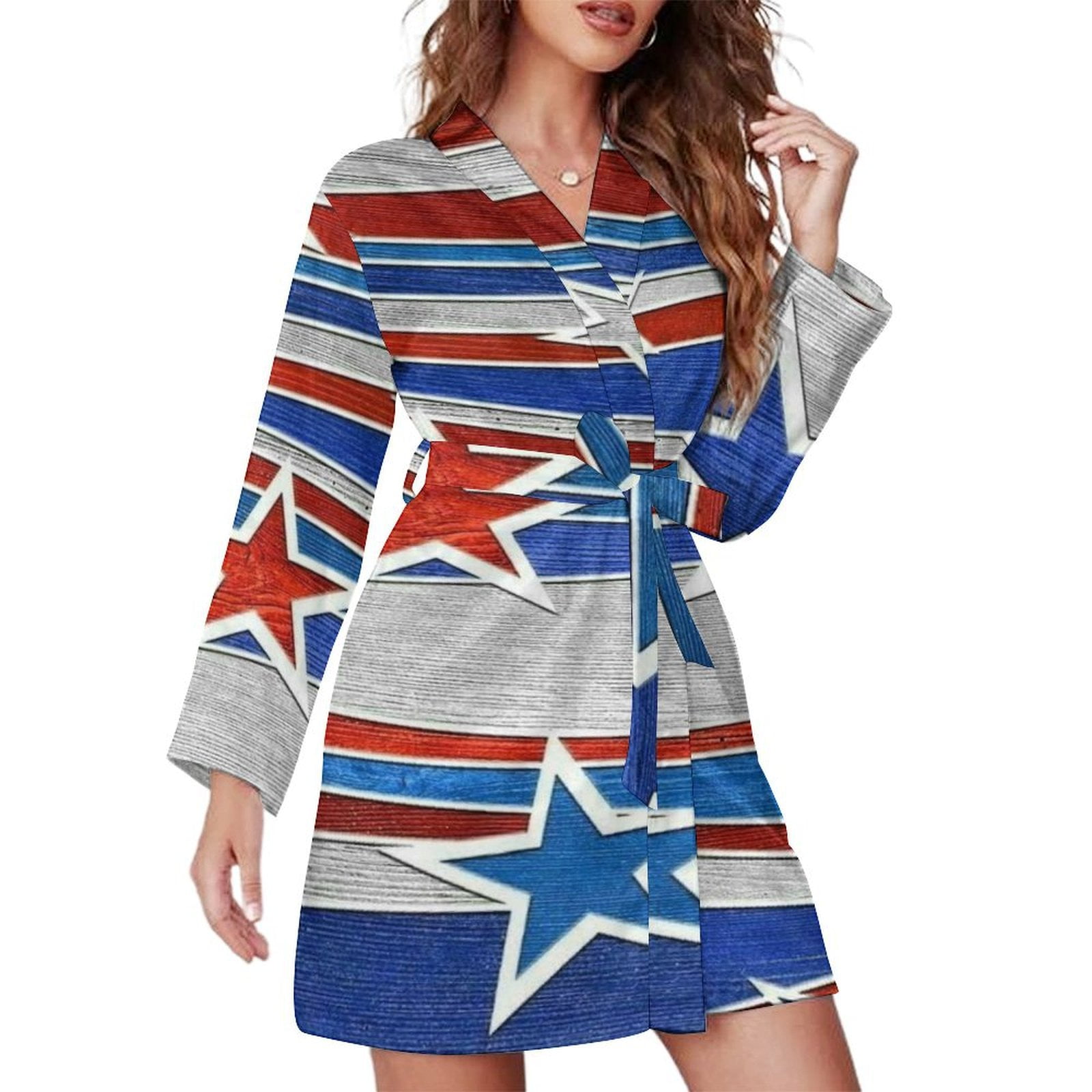 Good American Robe American Flag Blue Red White Night Robe Long Sleeve V Neck Robe With ...