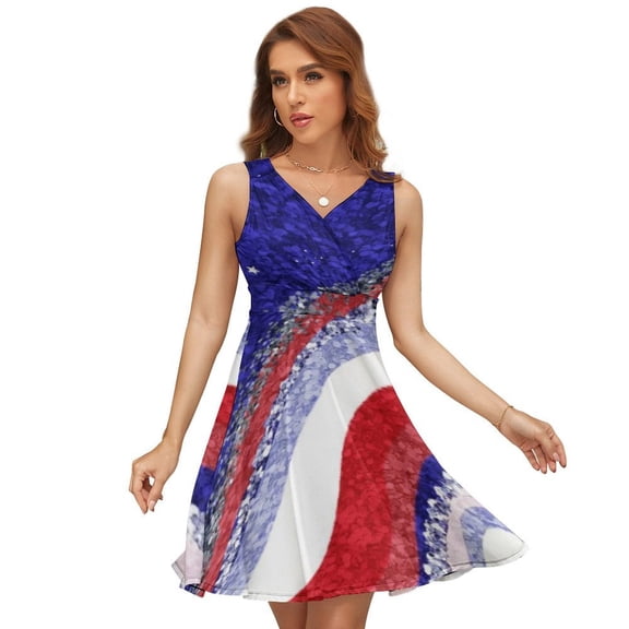 American Flag Blue Red White Women's Tank Dress V Neck Sleeveless Summer Sundress