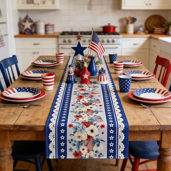 American Flag Bottle Print Table Runner Summer Table Runner Daisy Star Stripe Print Spring Table Decorations for Independence Day Home Decorations, 13x72 Inch