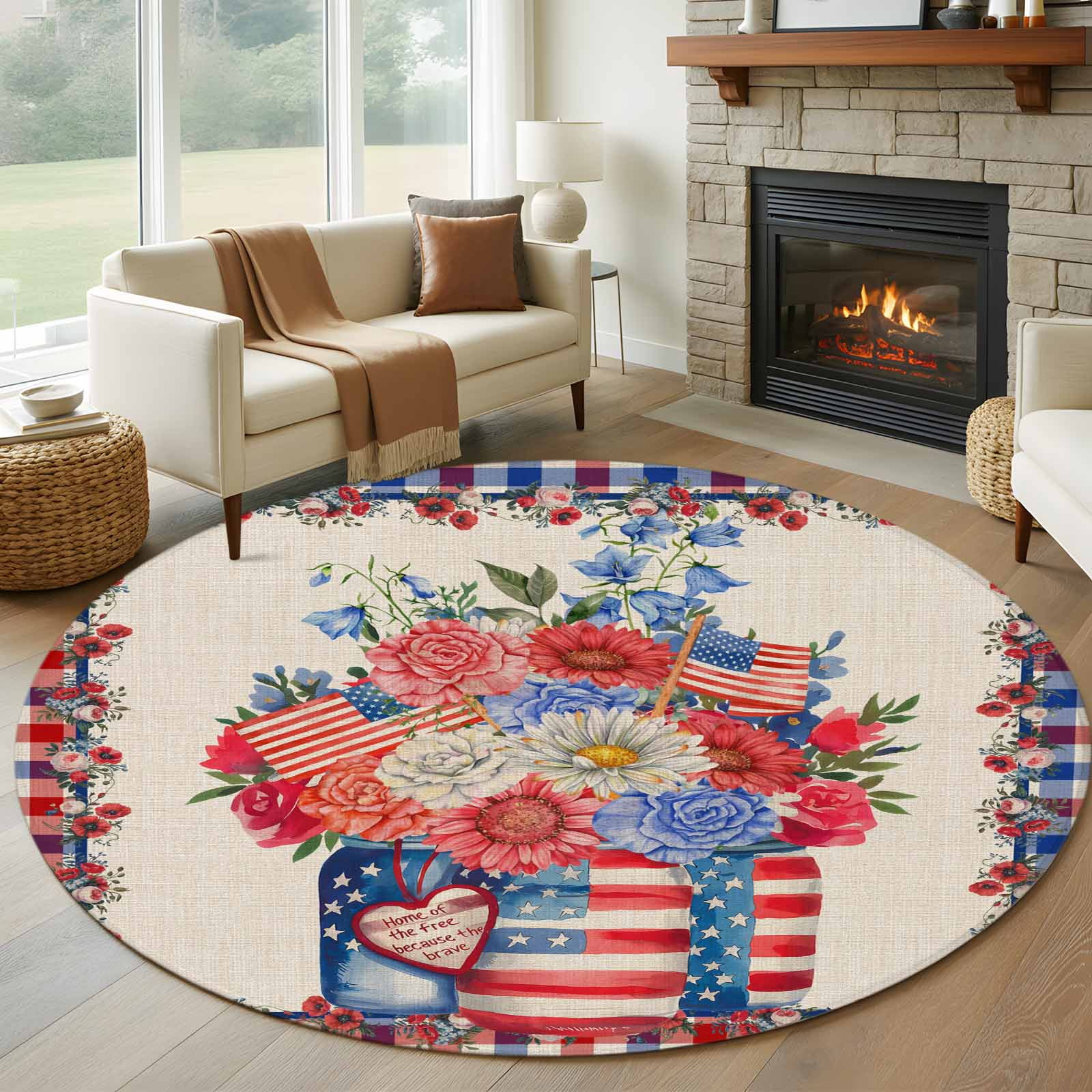 American Flag Bottle Washable Round Area Rug 5 ft, Red Blue Patriotic ...