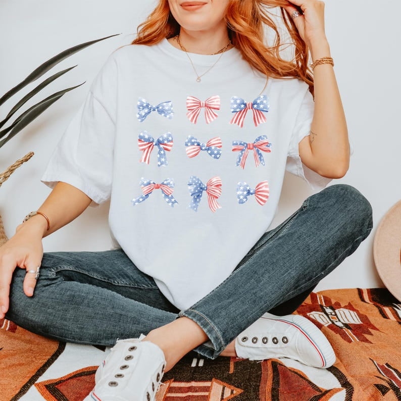 USA Flag Bow Knot Print Round Neck T Shirt