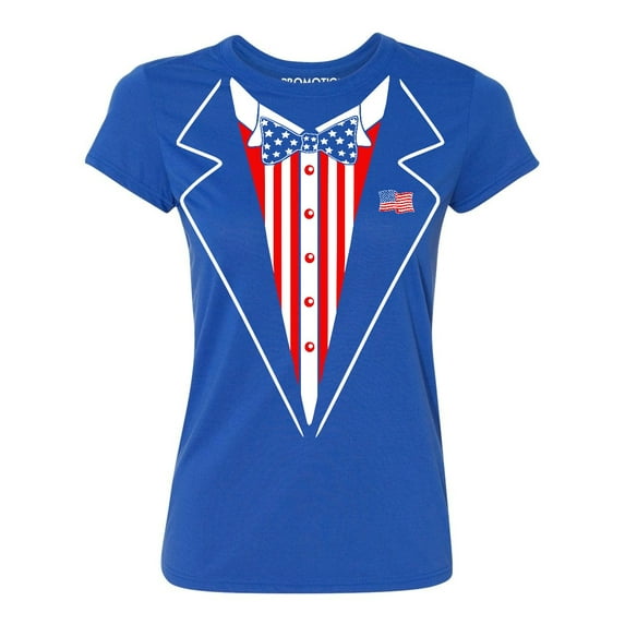American Flag Bowtie Tuxedo 4th of July Women's T-shirt, L, Royal