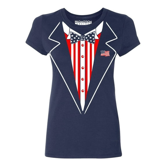 American Flag Bowtie Tuxedo 4th of July Women's T-shirt, S, Navy