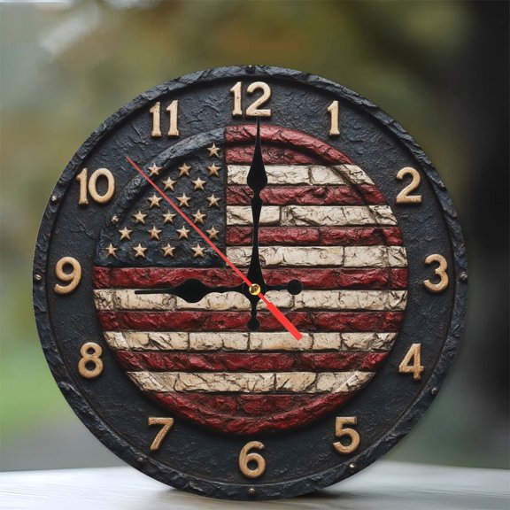 American Flag Brick Wall Clock Rustic Decor 10-Inch Silent Wooden Wall Clock, Battery Operated (AA Batteries Not Included), Artistic Home Decor