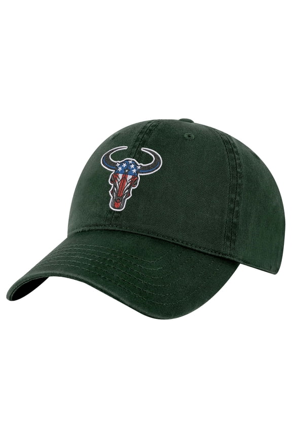 American Flag Bull Head Hat - Patriotic Rodeo Baseball Cap - Cowboy Embroidered Dad Hat (AlpineGreen)