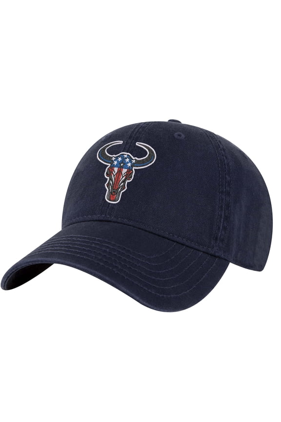 American Flag Bull Head Hat - Patriotic Rodeo Baseball Cap - Cowboy Embroidered Dad Hat (NavyBlue)