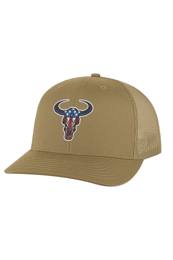 American Flag Bull Hat - Embroidered Bull Head Design - Western Patriotic Trucker Snapback (CoyoteBrown)