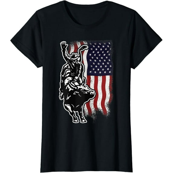 American Flag Bull Riding Cowboy 4th Of July Patriotic Rodeo T-Shirt