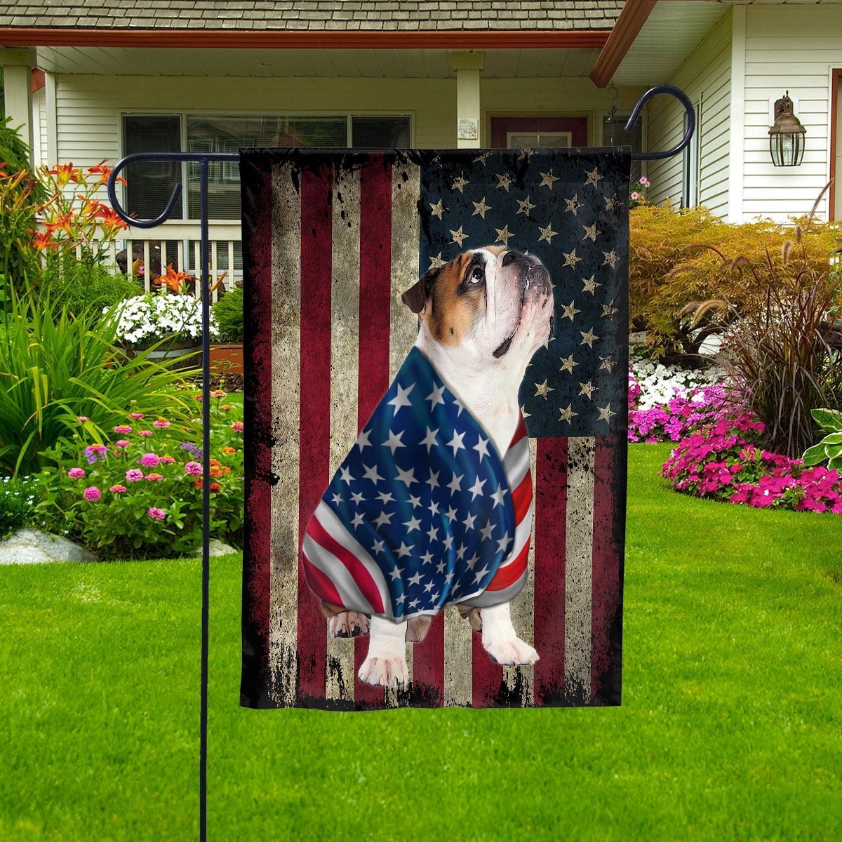 American Flag with Bulldog Dog stand under the cross Patriot Patriotic 4th of july Garden Flag, Double-Sided Decorative Outdoor Flag, Patriotic Polyester Yard Flag 12 x 18 in