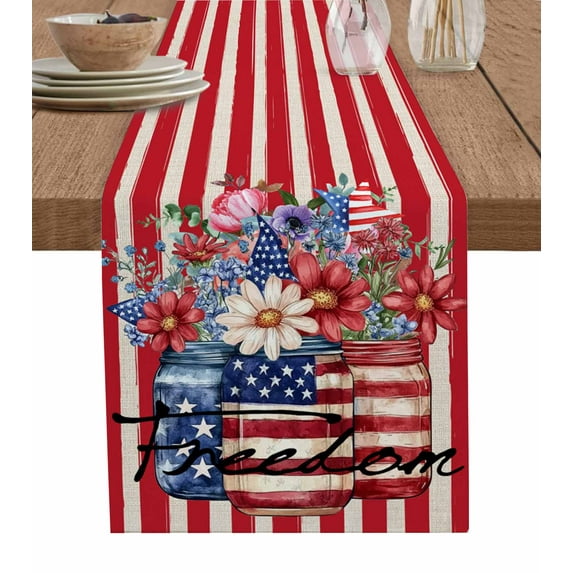 American Flag Burlap Cotton Table Runner 13x108 Inches Long, Red Stripe Blue Star Patriotic Floral Farmhouse Table Runners, Outdoor Dining Tablecloths Decor for Baby Shower/Party/Wedding