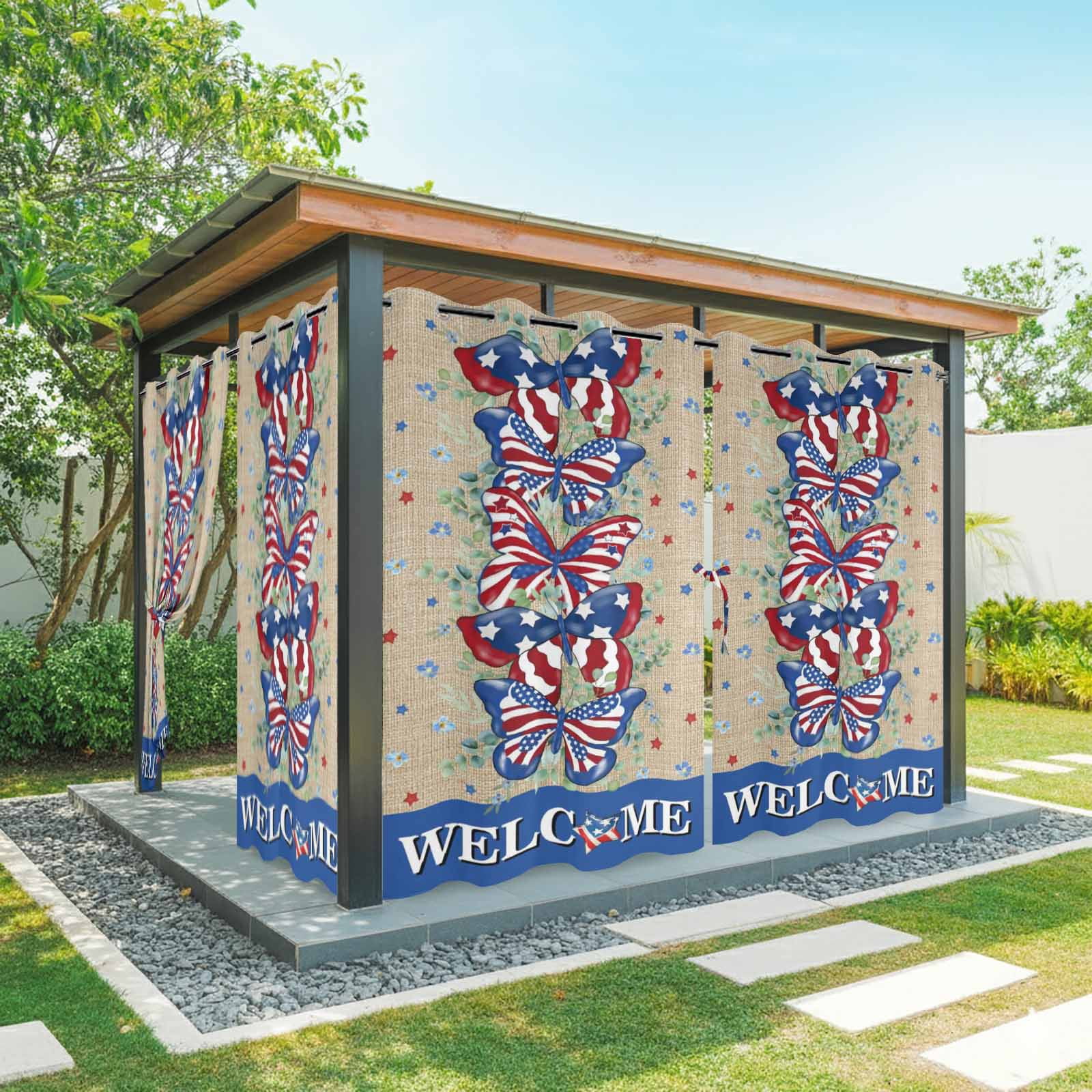 American Flag Butterfly Outdoor Curtains for Patio, Independence Day WELCOME Leaf Retro Sunshade Privacy Drapes Grommet Waterproof Outside Curtains for Porch/Cabana/Balcony 54"x 108", 1 Panel