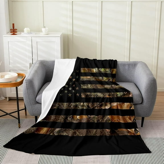 American Flag Camo Blanket Rustic Tree Leaves Camouflage Throw Blanket Baby 30x40,Military Hunting Fleece Blanket for Boys Teens Kids Man Bedroom Nature Conifer Oak Branches Bedding Bed Blanket