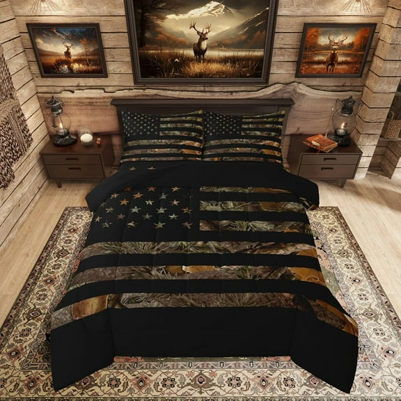 American Flag Camo Comforter Set Queen,Military Hunting Bedding Rustic Trees Leaves Camouflage for Boys Teens Kids Man Bedroom Nature Conifer Oak Branches Quilt 3 Pcs