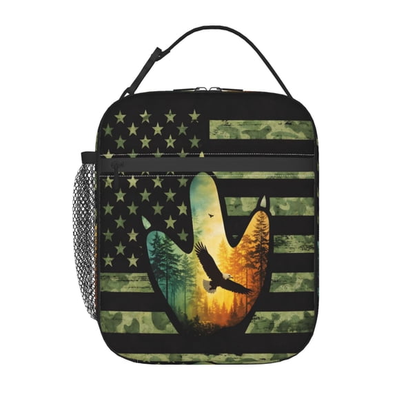 American Flag Camo Eagle Forest Handprint Lunch Bag Portable Insulated Lunch box with Handle For both men and women