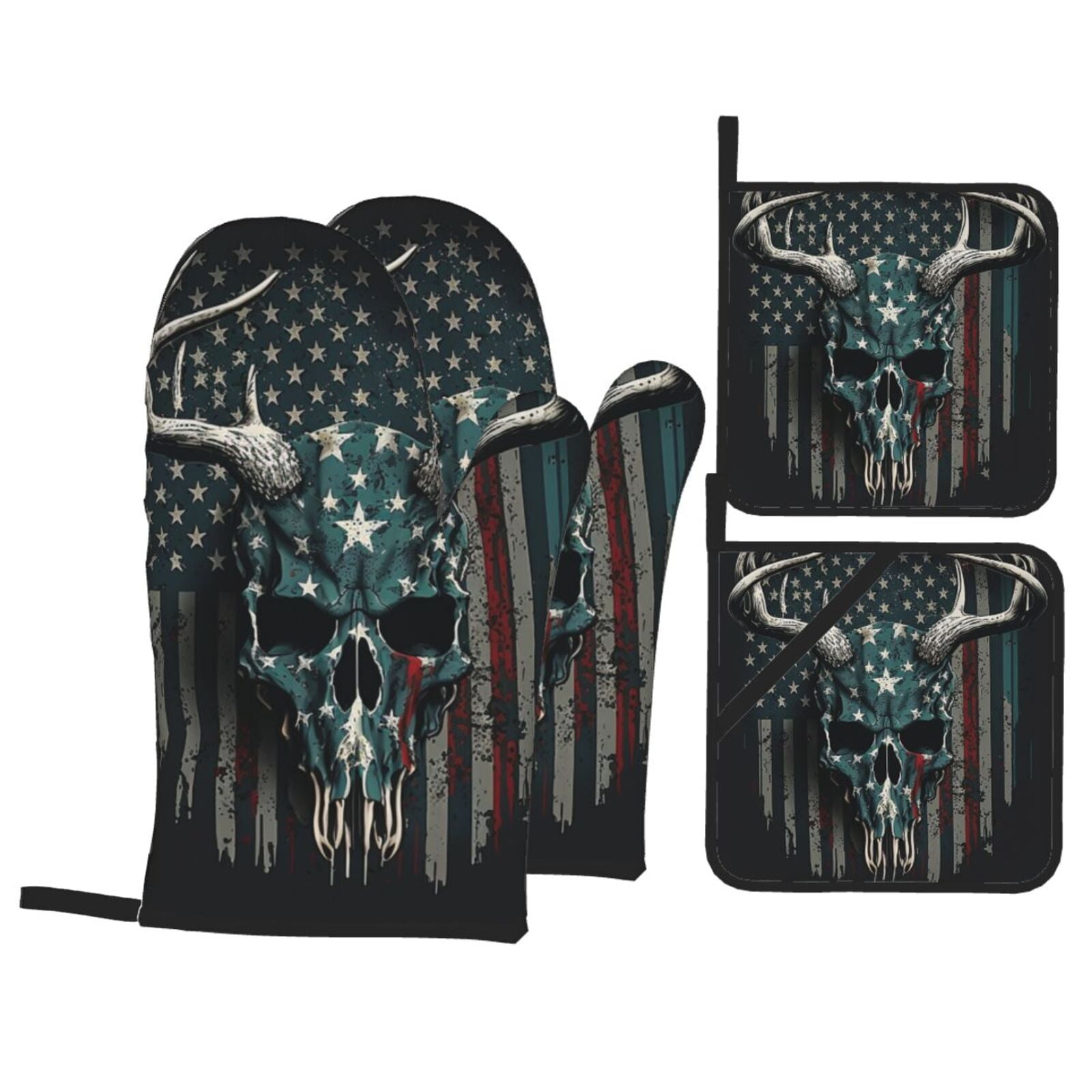 American Flag Camouflage Deer Skull Camo 4Pcs Oven Mitts and Pot Holders Sets Oven Kitchen Gloves Hot Pads for Cooking BBQ Baking Grilling