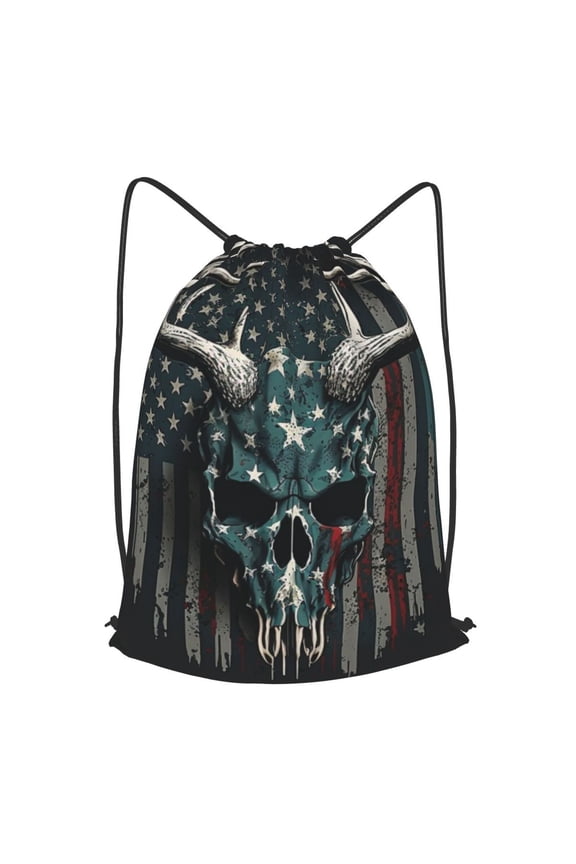 American Flag Camouflage Deer Skull Camo Drawstring Backpack Gym String Bag Sports Sackpack Cinch Sack, Large