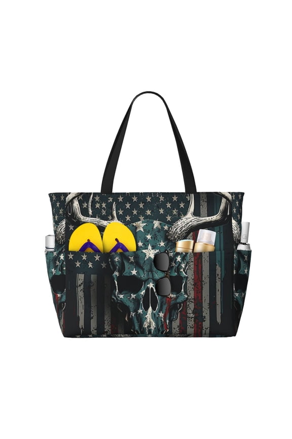 American Flag Camouflage Deer Skull Camo Large Capacity Beach Travel Tote Bag Shoulder Handbag for Gym Camping Shopping