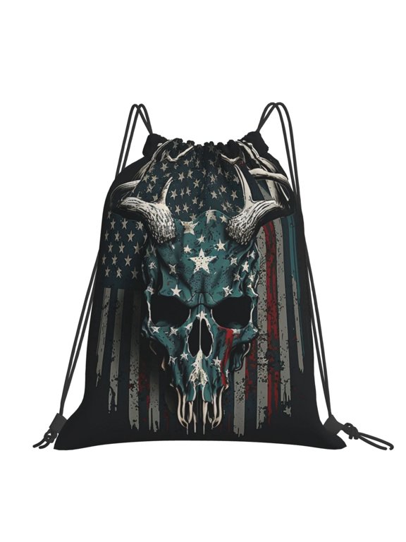 American Flag Camouflage Deer Skull Camo Large Drawstring Backpack Casual Cinch Sack Bag Backpack for Sports Hiking Travel Gym