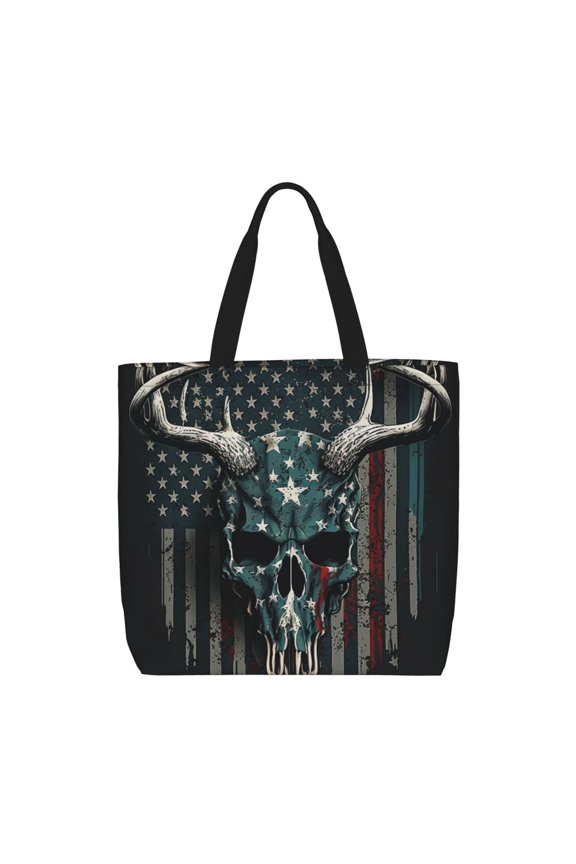 American Flag Camouflage Deer Skull Camo Tote Bag Reusable Shoulder Handbag Top Handle Purse for Shopping Work